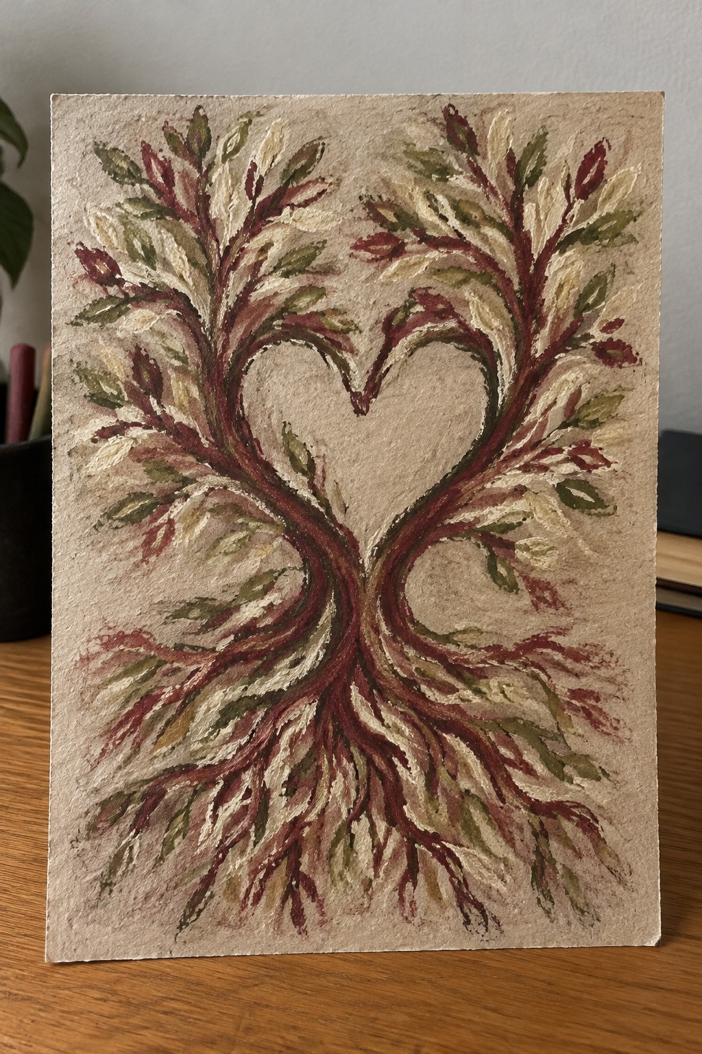 Heart-shaped tree artwork with intertwined branches, leaves, and roots in earthy red and green tones.