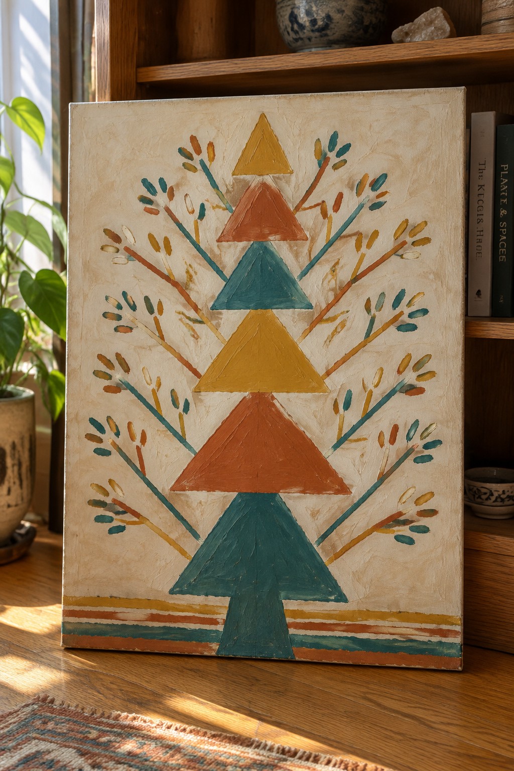 Folk art painting of stacked colorful triangles forming a tree with abstract branches.