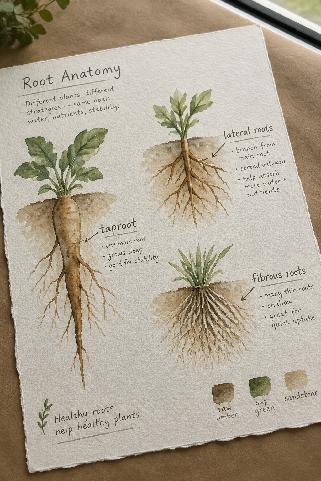 Watercolor diagram of plant root anatomy showing taproot, lateral, and fibrous systems with labels.
