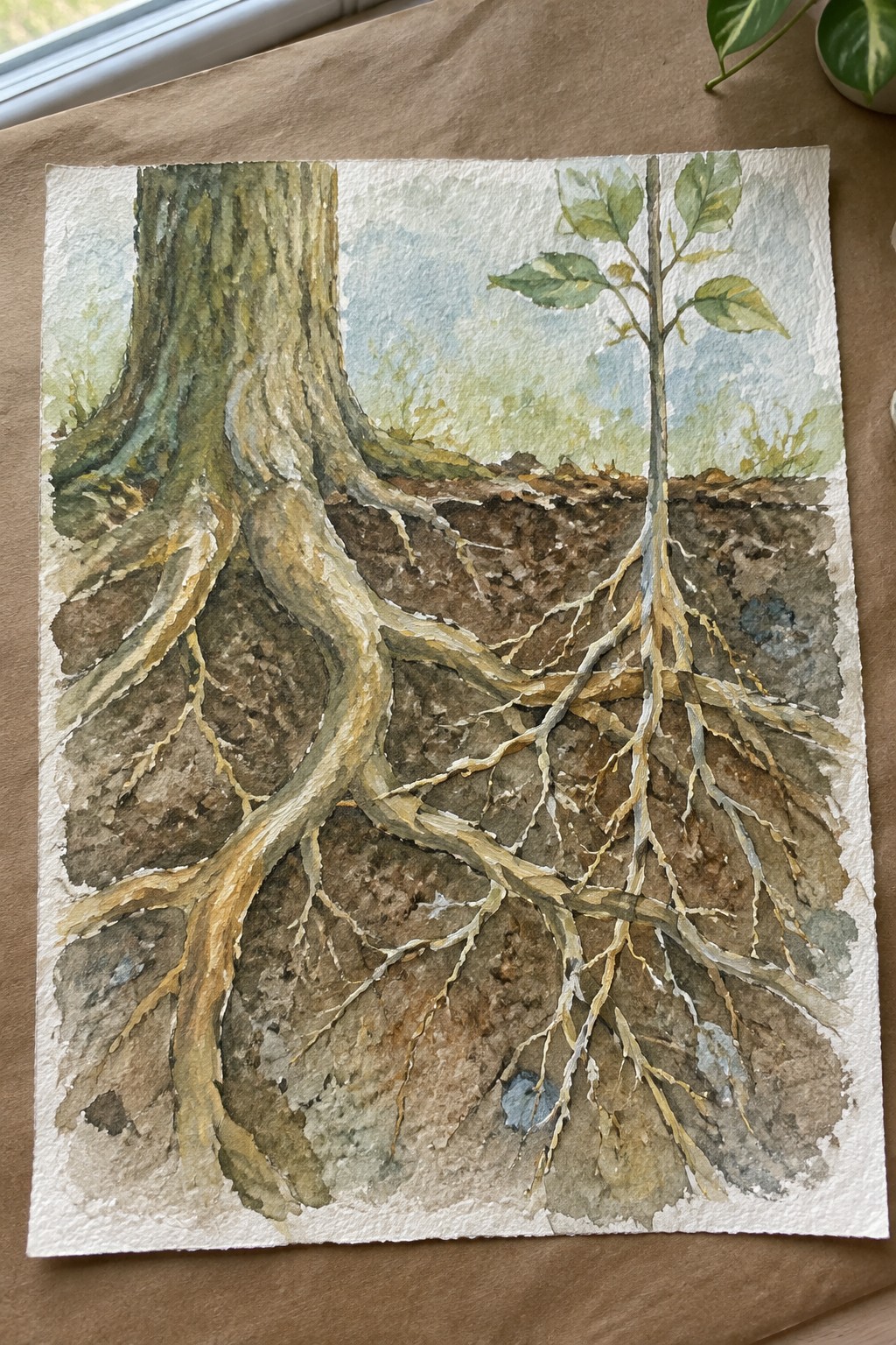 Watercolor painting of tree with thick trunk and sprawling exposed roots in soil layers
