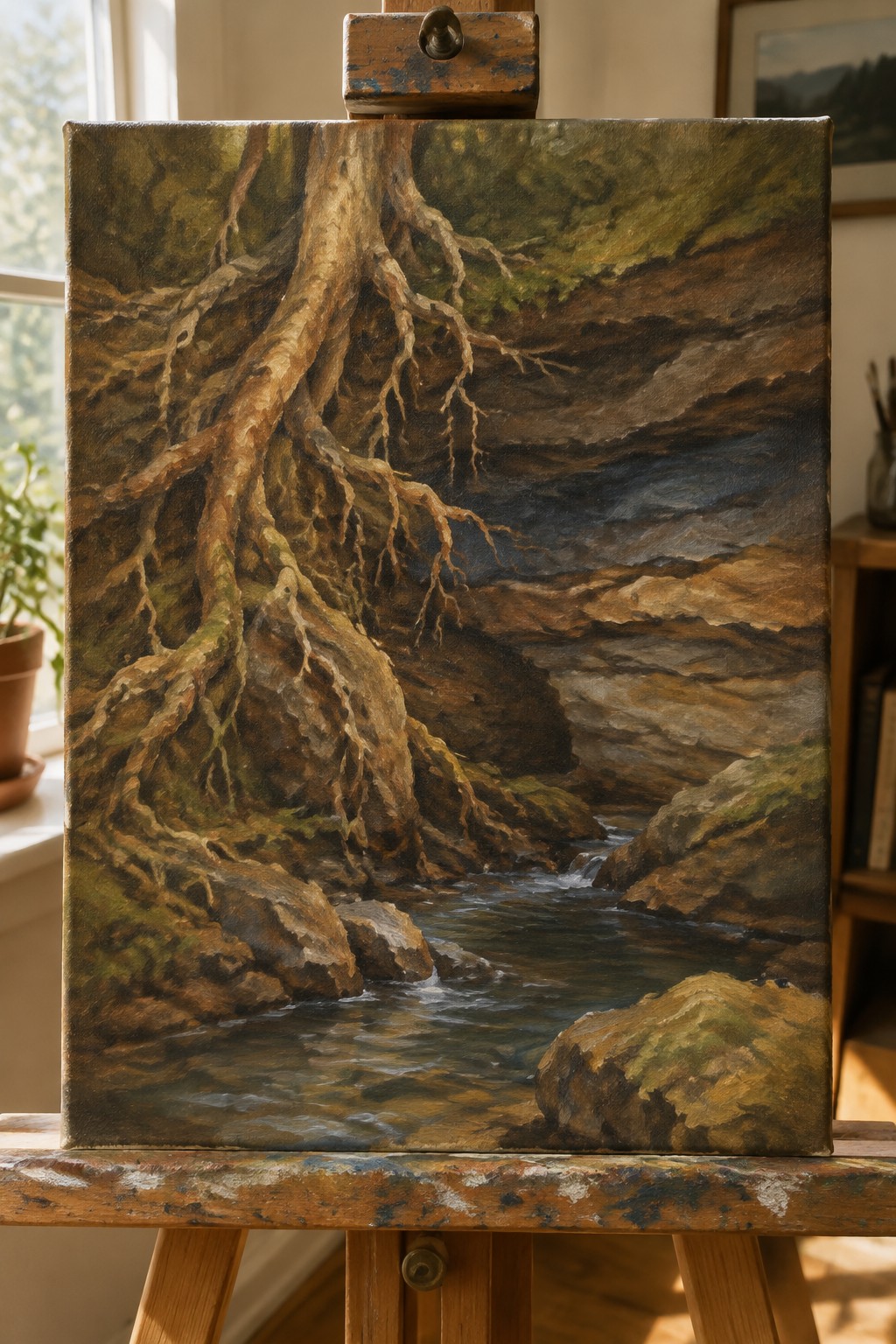 Realistic oil painting of gnarled tree roots over a rocky stream on wooden easel.