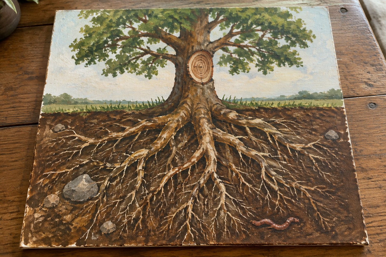 Painting of a tree with exposed roots in soil, rocks, and a worm.