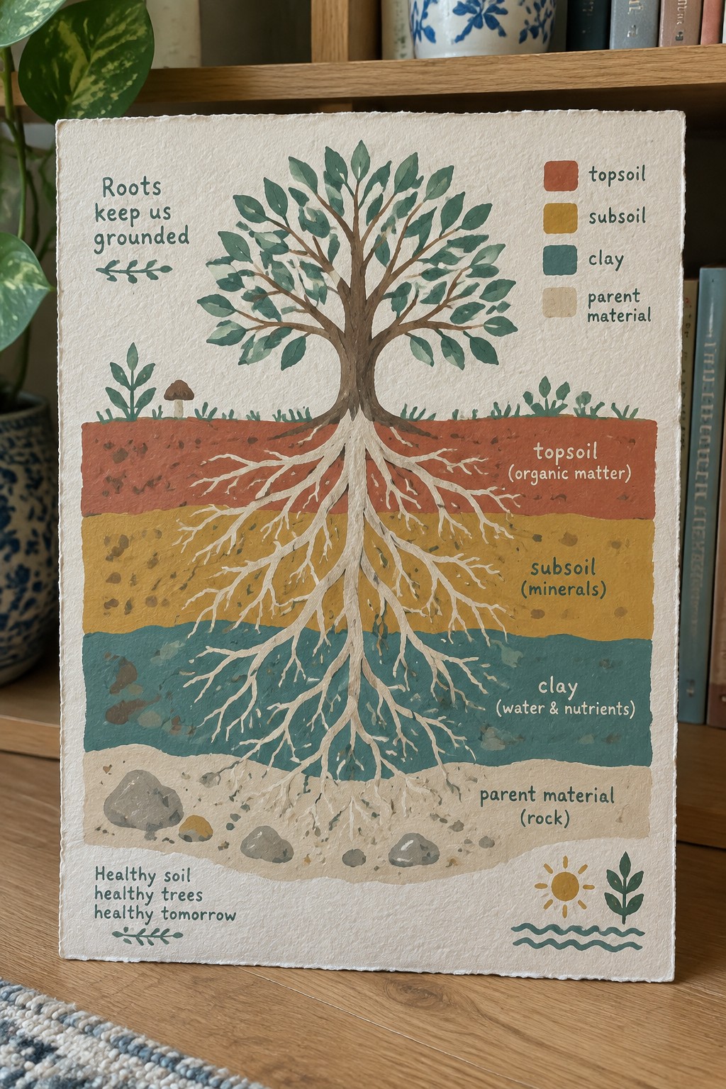 Watercolor illustration of tree roots extending through labeled colorful soil layers with text.