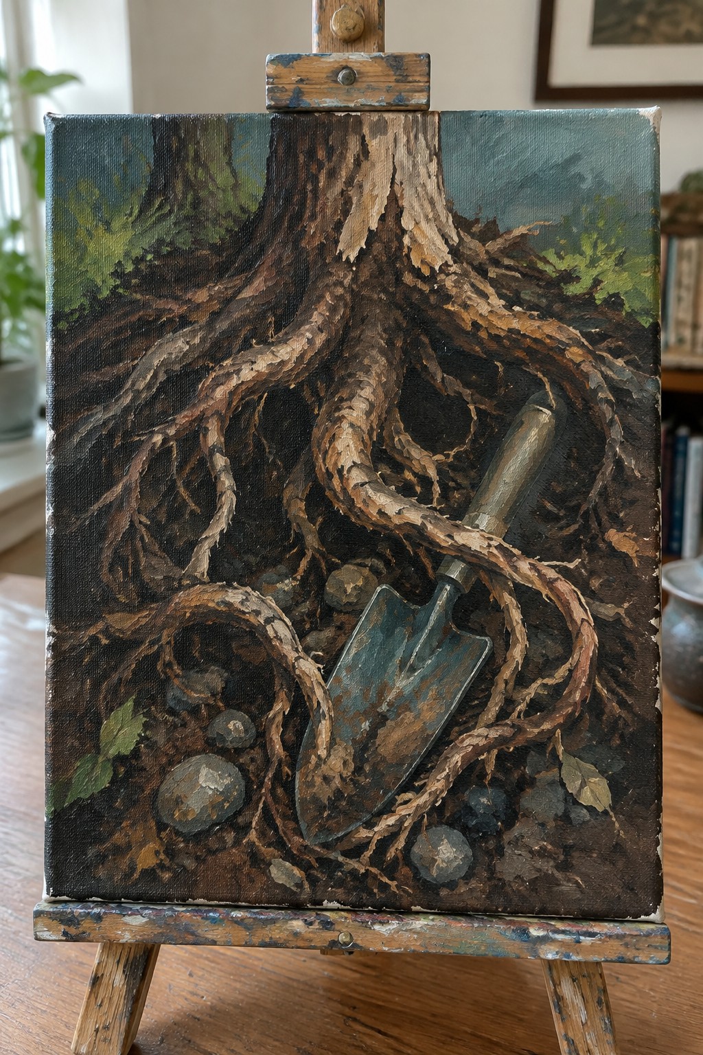 Canvas on easel with painting of tree roots wrapped around a garden trowel