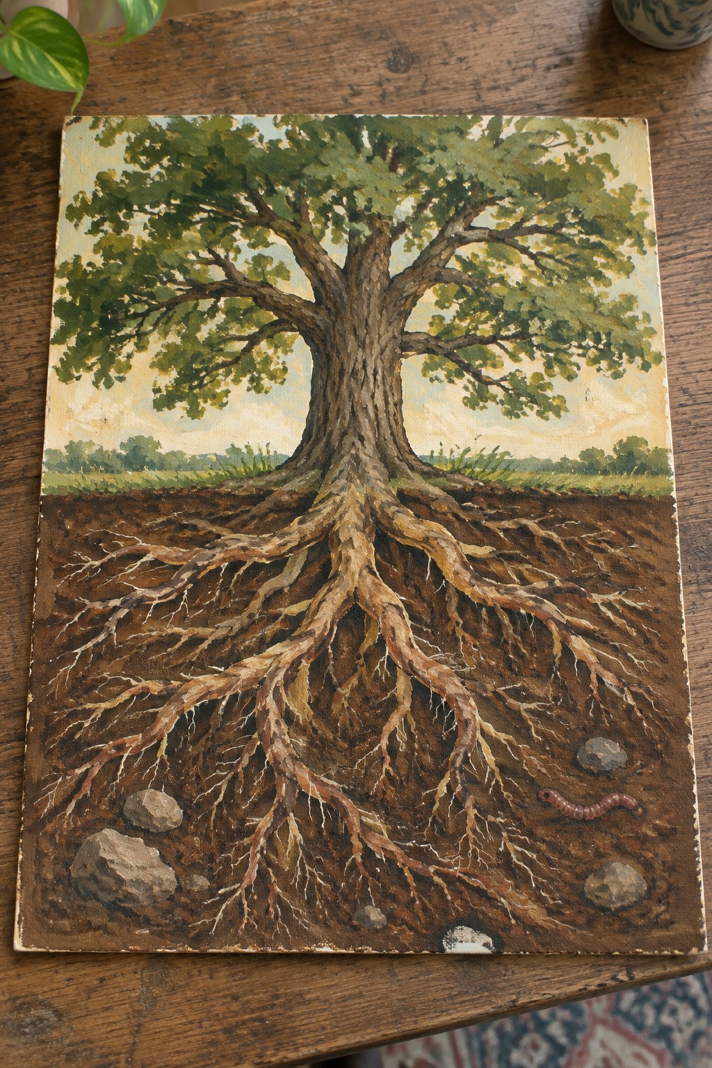 Painting of a tree with exposed roots in soil, rocks, and a worm.