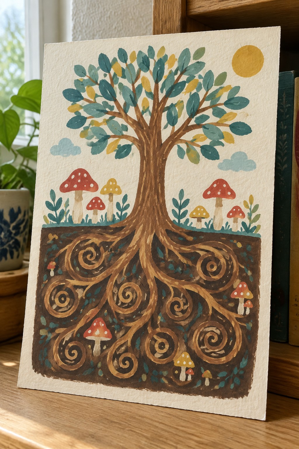 Watercolor tree with swirling roots, red mushrooms, yellow sun, and blue clouds