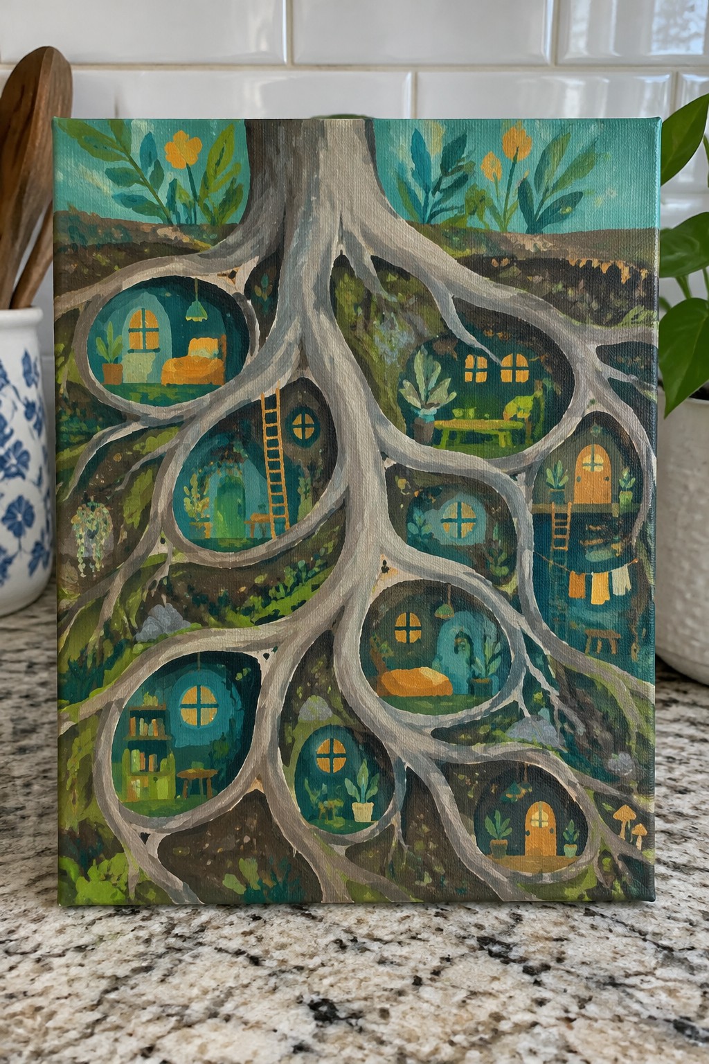 Vibrant painting of sprawling tree roots with colorful circular furnished rooms inside.