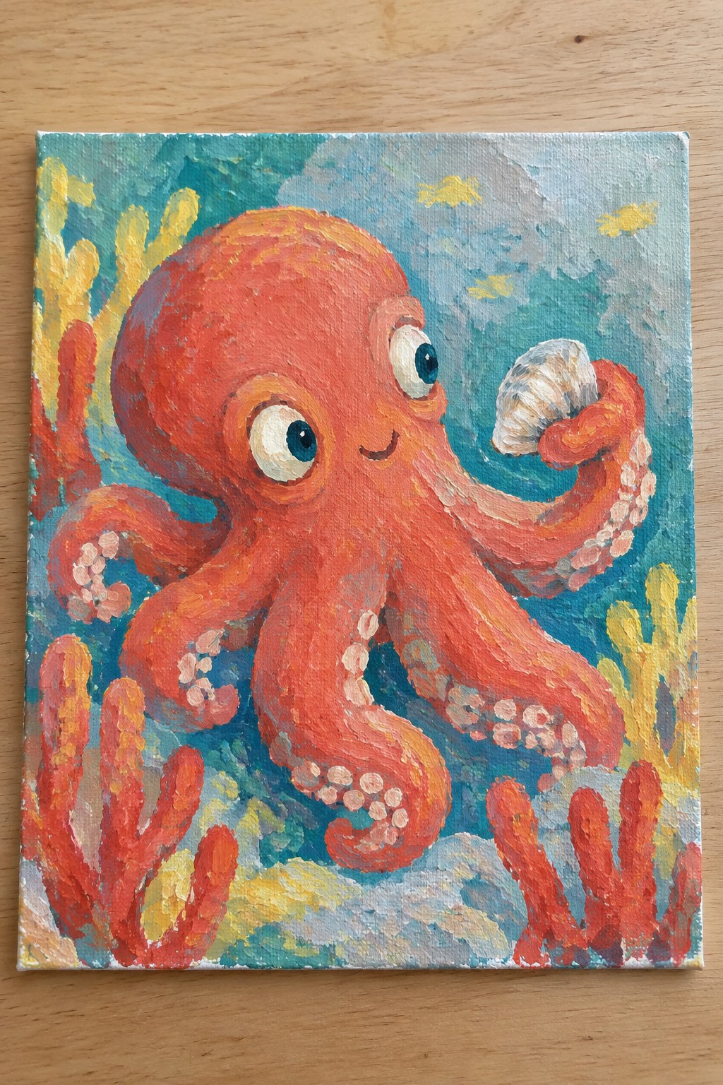 Vibrant painting of smiling red octopus holding seashell amid colorful coral reefs