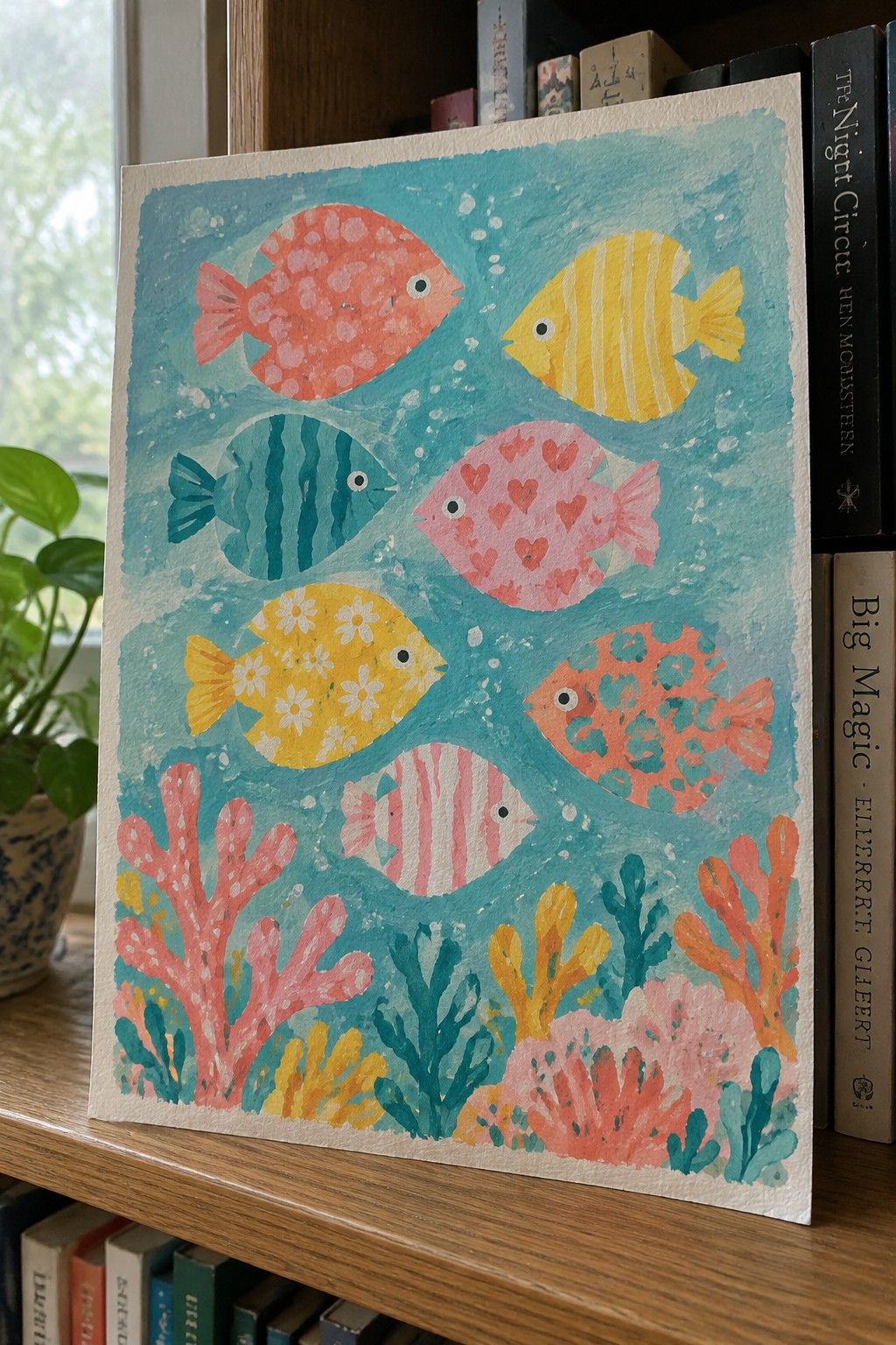 Colorful watercolor painting of patterned fish swimming above vibrant coral on bookshelf