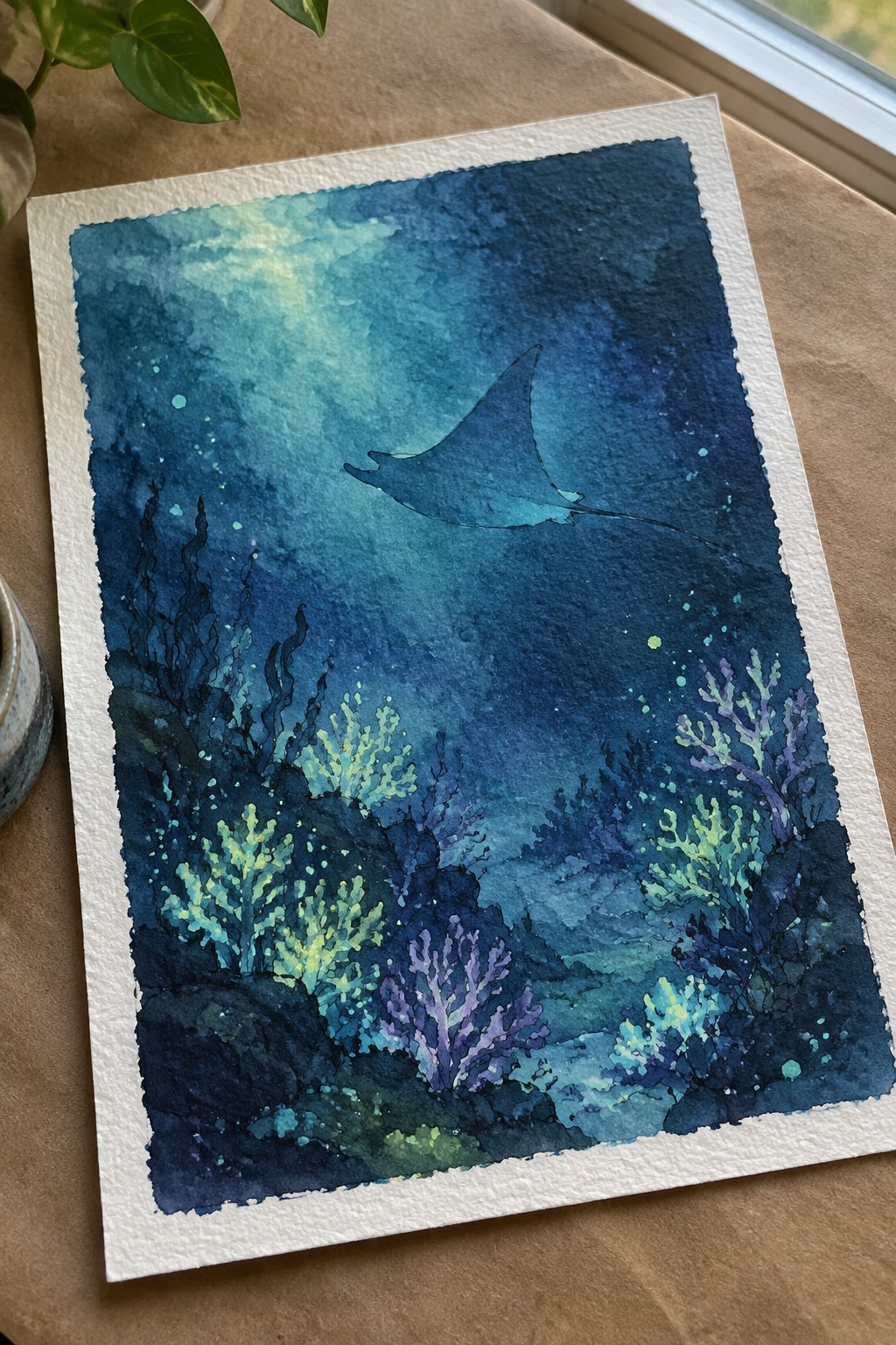 Watercolor painting of a stingray gliding above vibrant coral reefs in deep blue waters