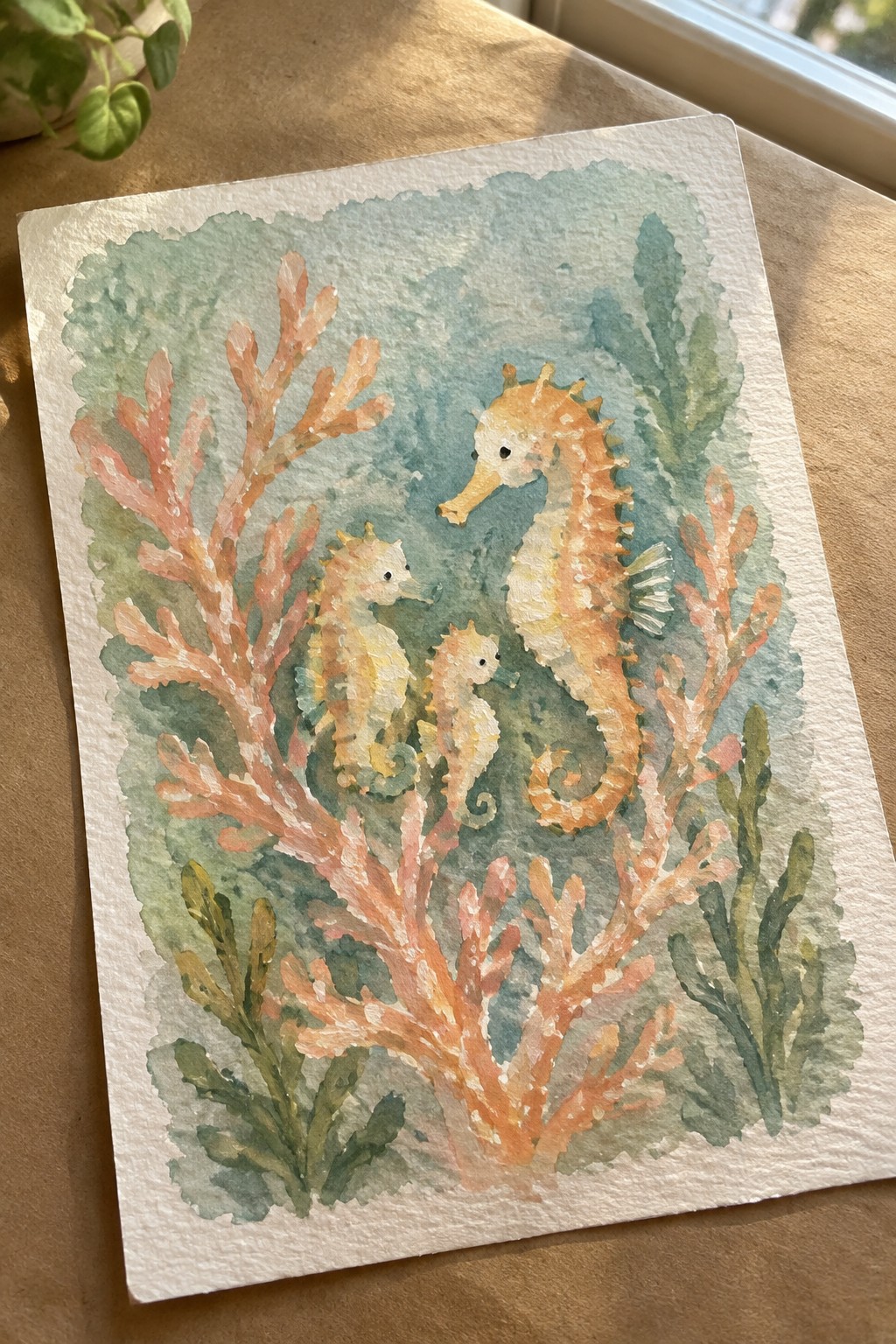 Watercolor painting of three orange seahorses amid red coral and green seaweed