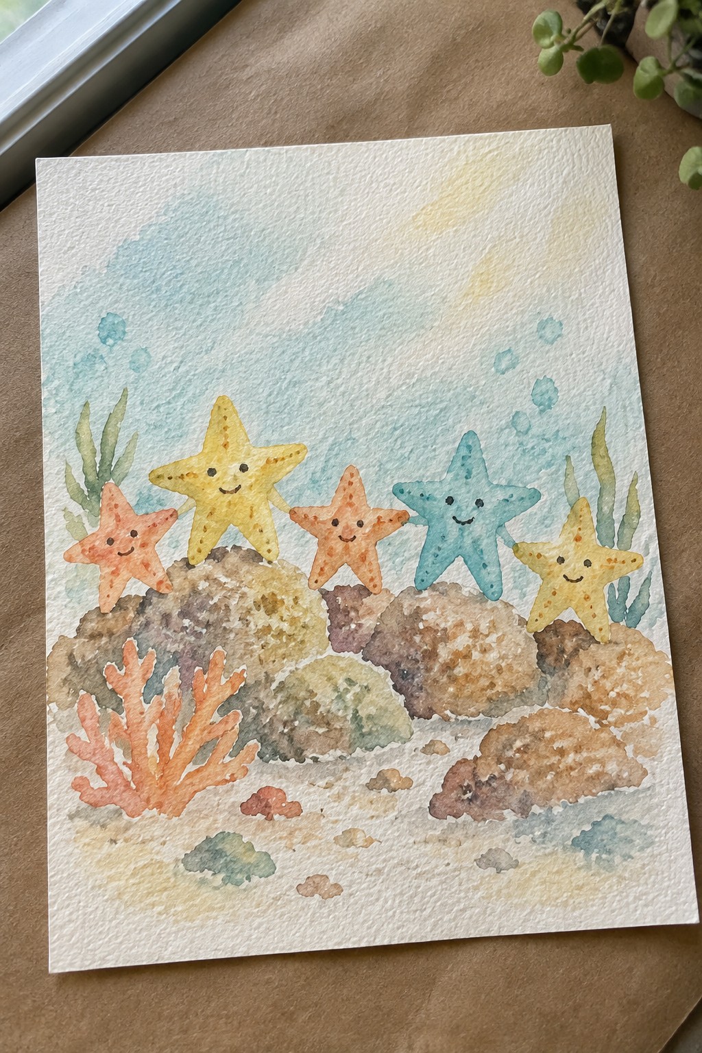 Watercolor painting of five smiling starfish on rocks with coral and bubbles.
