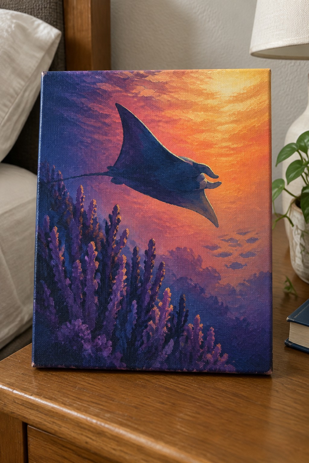 Oil painting of manta ray gliding over purple coral beneath vibrant orange-purple sunset sky