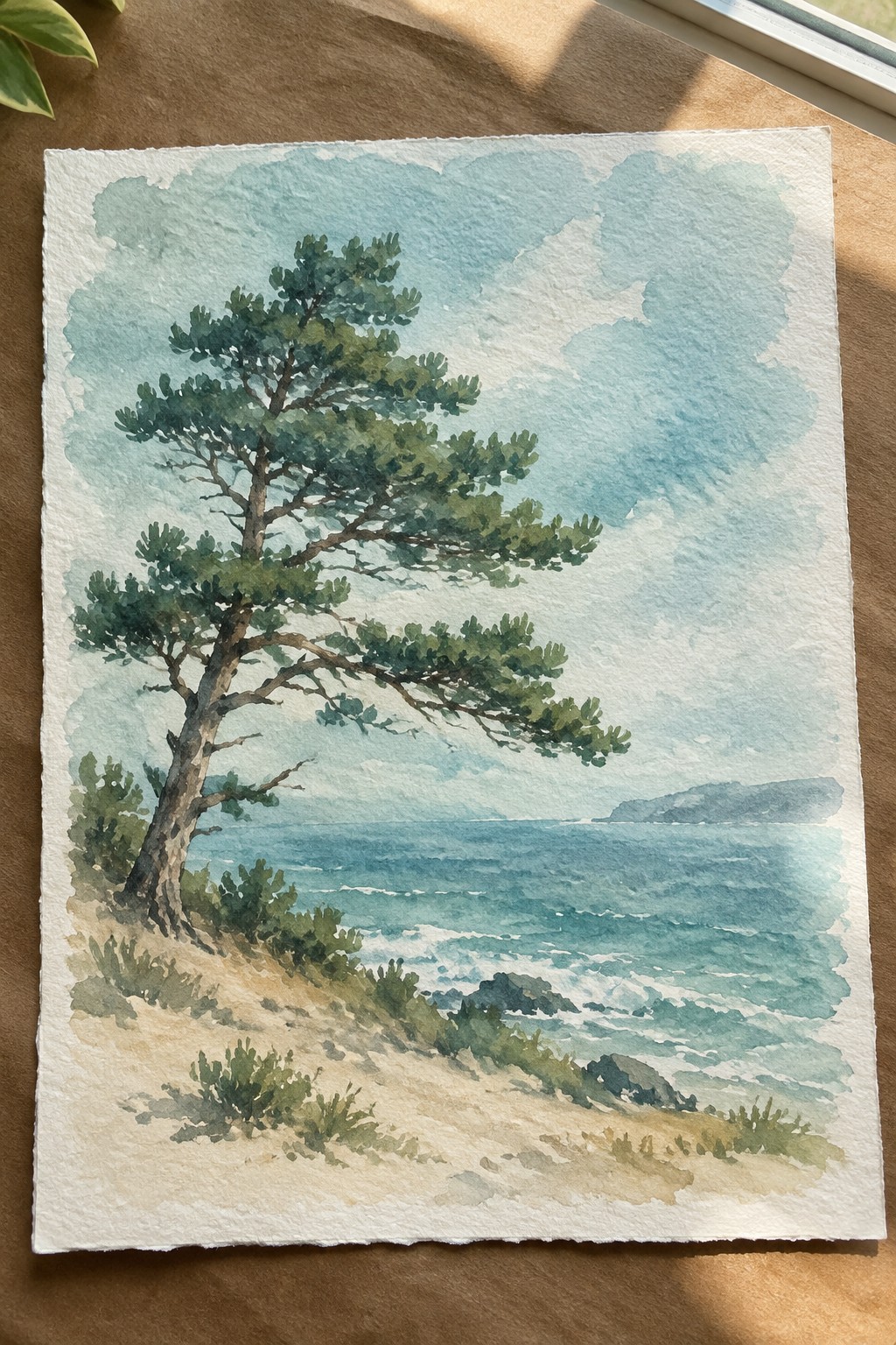 Watercolor of windswept pine tree on sandy bluff above wavy blue ocean