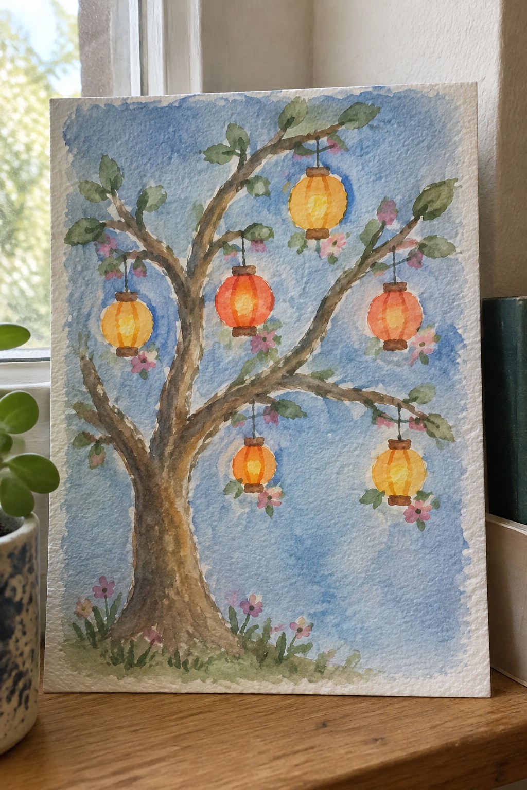 Watercolor painting of tree with glowing orange lanterns and pink flowers against blue sky