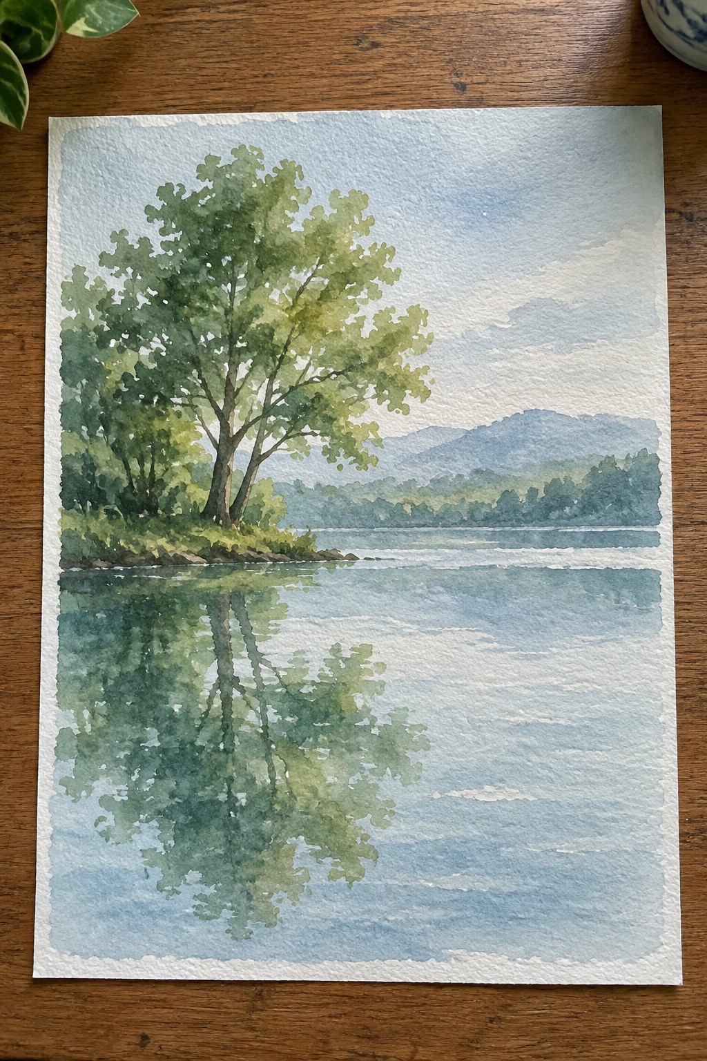 Watercolor landscape of green tree reflected in calm lake with distant mountains.