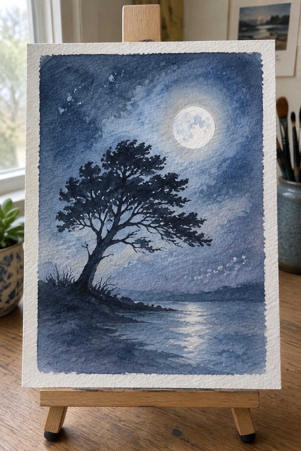 Watercolor nightscape of silhouetted tree under full moon by moonlit water on easel