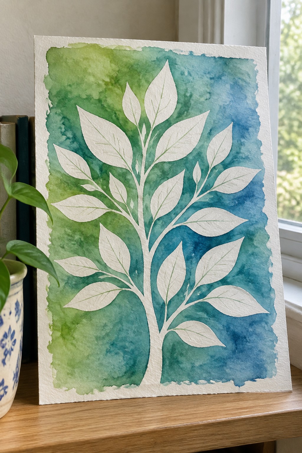 Watercolor tree with white leaves on green-to-blue background beside potted plant