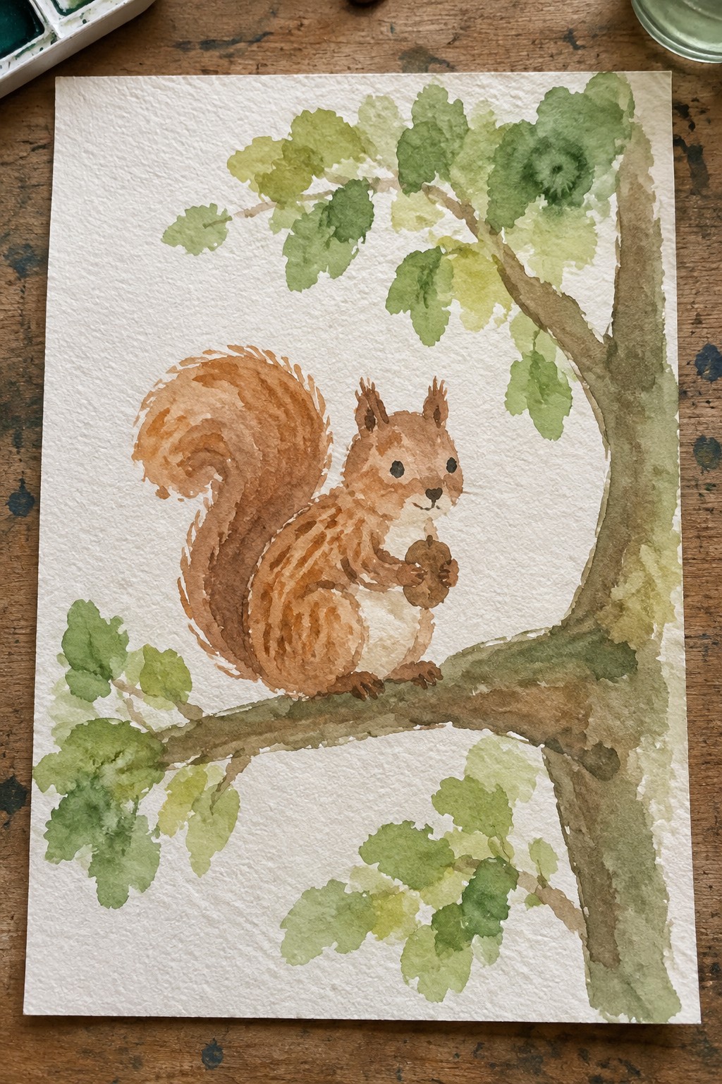 Watercolor painting of brown squirrel holding acorn on leafy tree branch