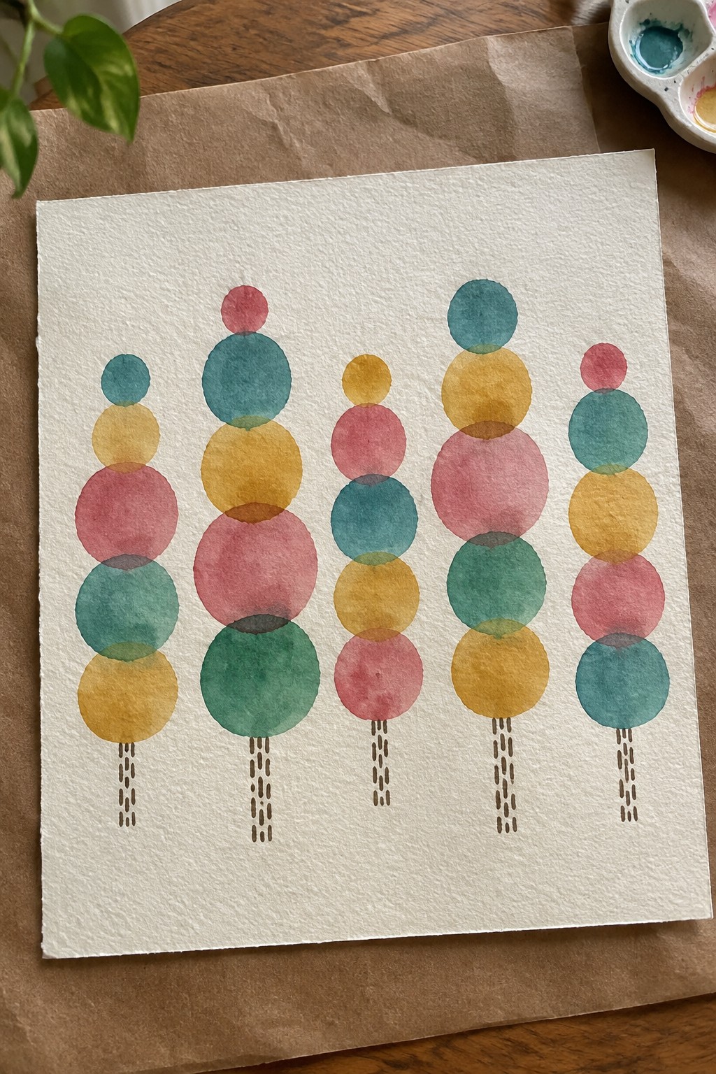 Abstract watercolor of five vibrant stacked circles resembling trees with dotted stems on white paper.