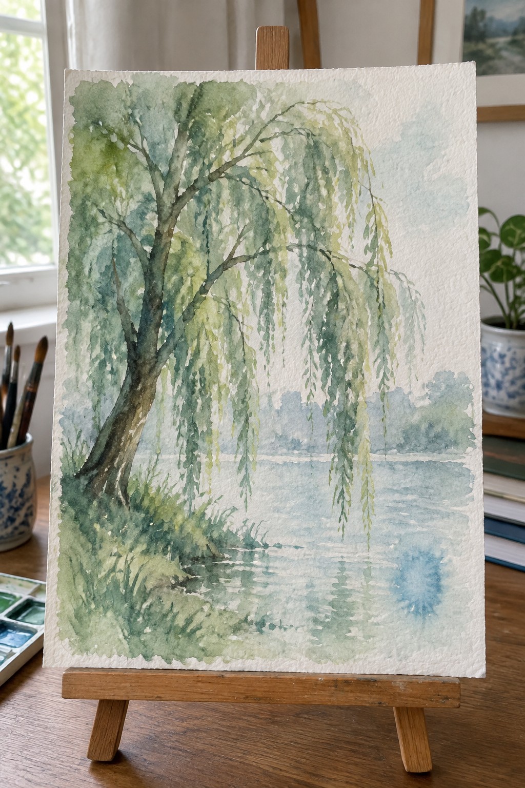 Watercolor of weeping willow by reflective lake on wooden easel with art supplies nearby