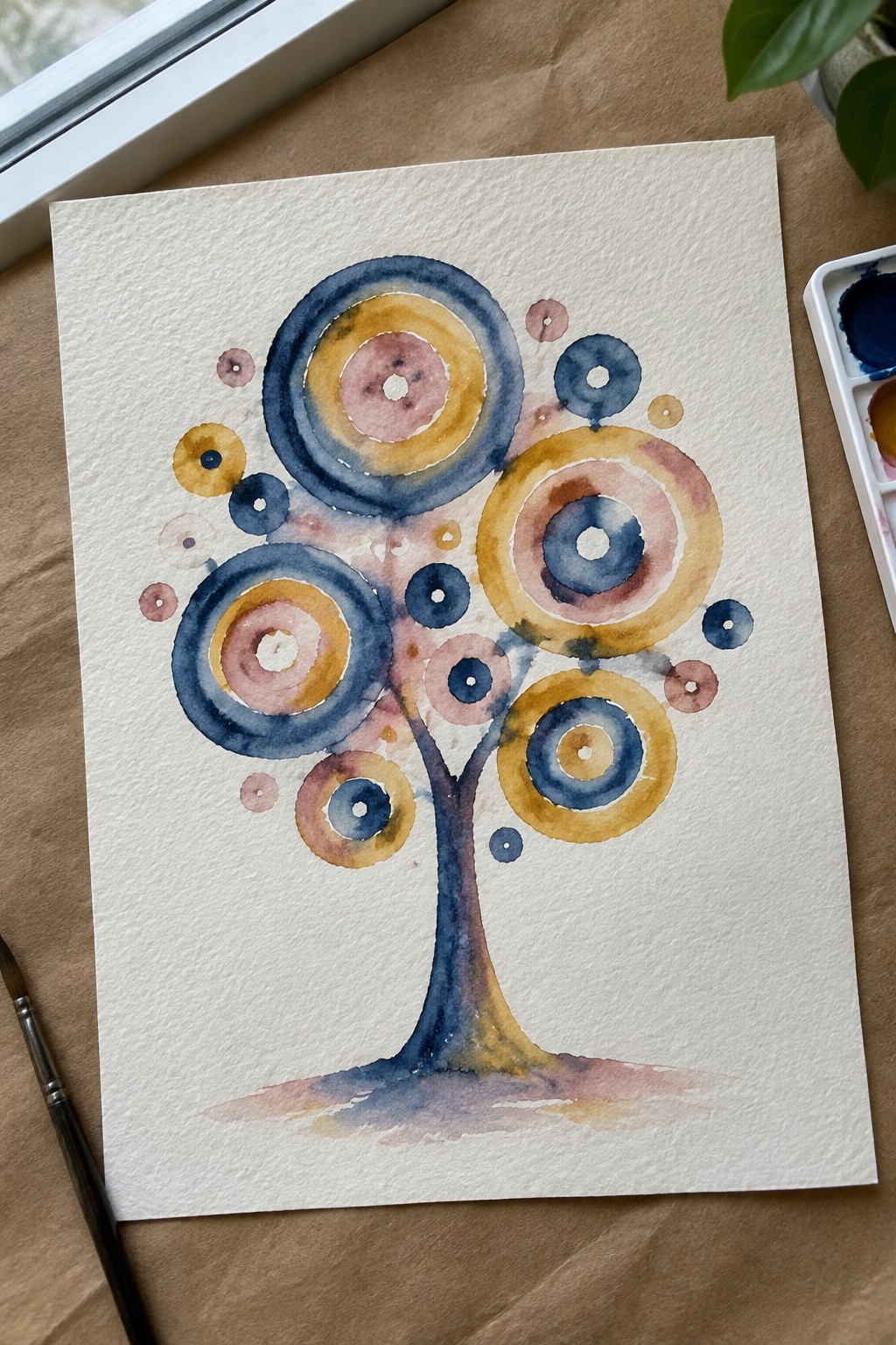 Watercolor tree with blue, yellow, pink concentric circles, paintbrush and palette nearby.