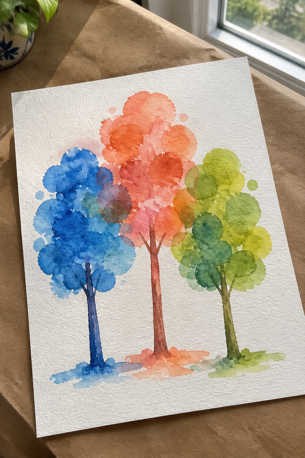 Watercolor painting of three trees with blue, red, and green foliage on white paper