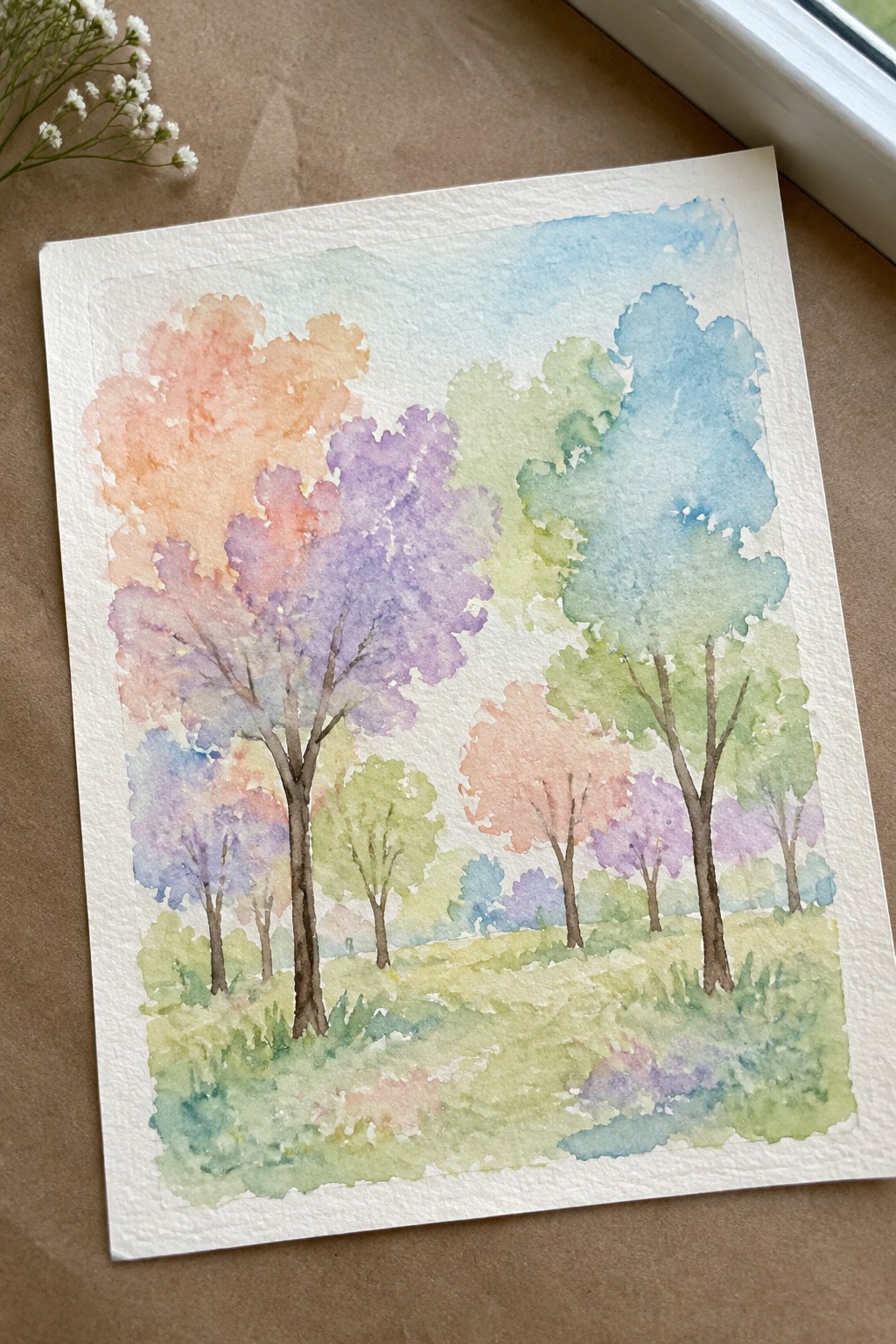 Watercolor landscape of vibrant trees in purple, orange, blue, and green on white paper.