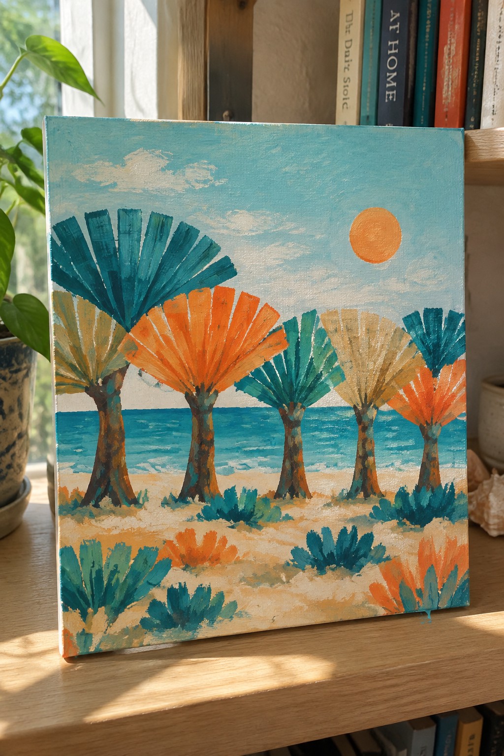 Vibrant stylized palm trees on beach with turquoise sky, orange sun, and blue sea