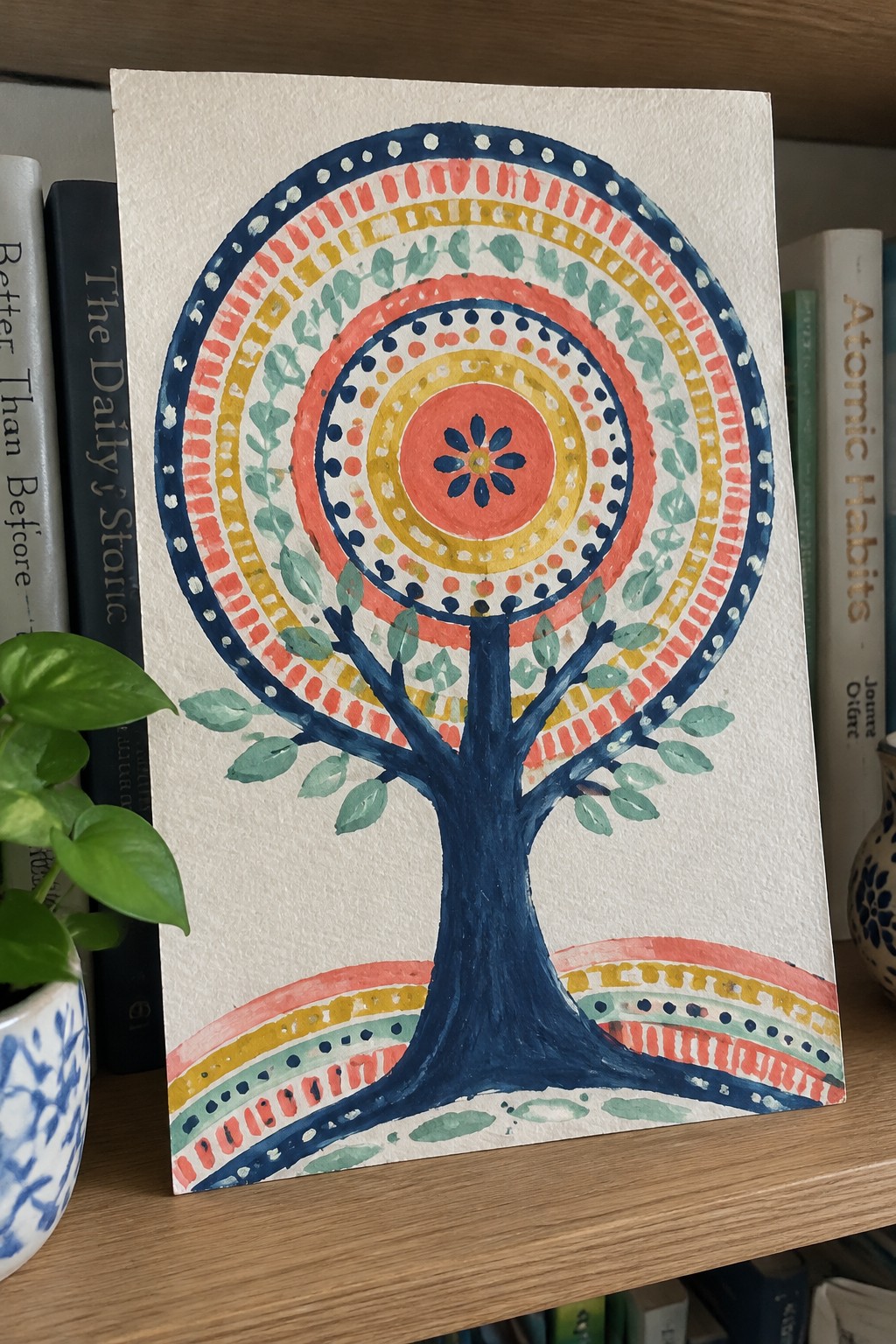 Watercolor painting of a dark blue tree with concentric colorful rings forming the canopy, set against books on a shelf.