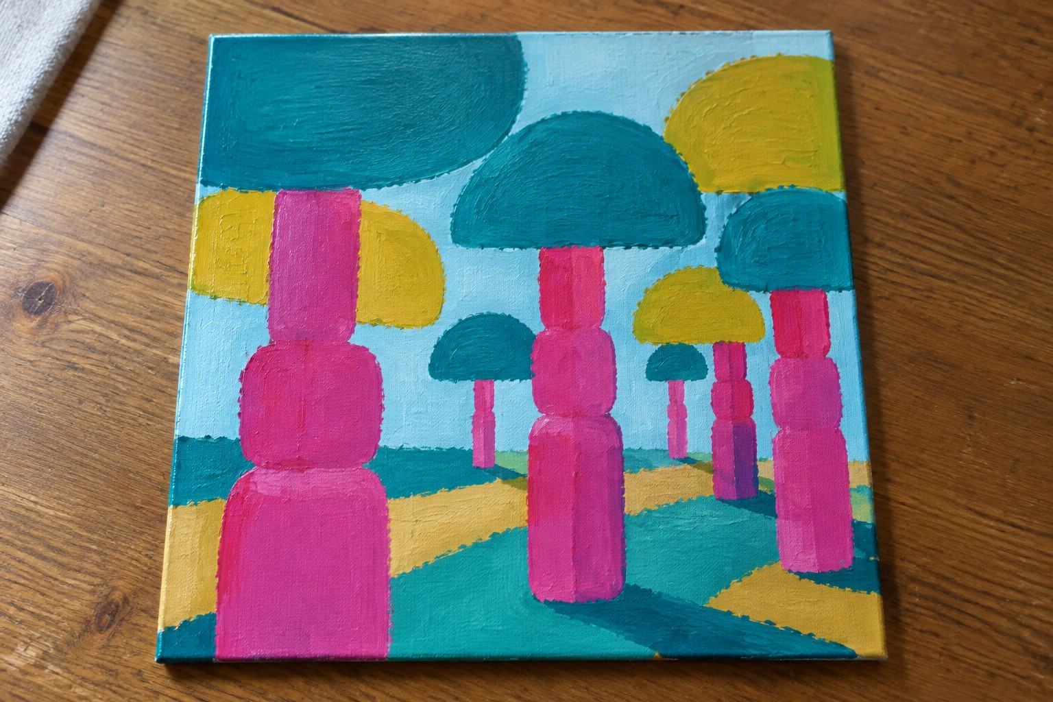 Abstract painting of stacked magenta shapes with yellow teal accents on yellow ground.