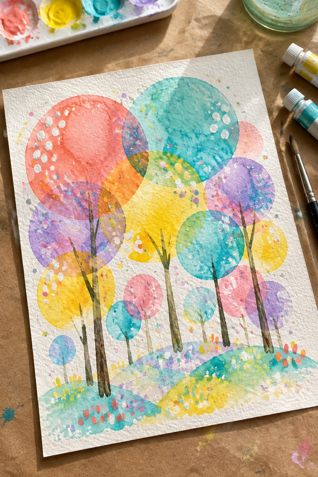 Vibrant watercolor painting of colorful overlapping circle trees on hills with art supplies nearby.