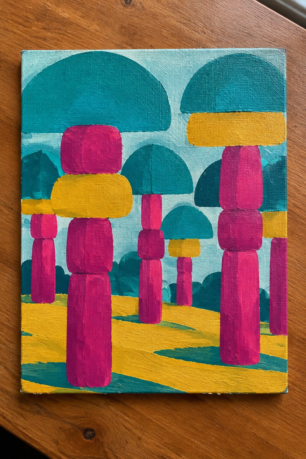 Abstract painting of stacked magenta shapes with yellow teal accents on yellow ground.