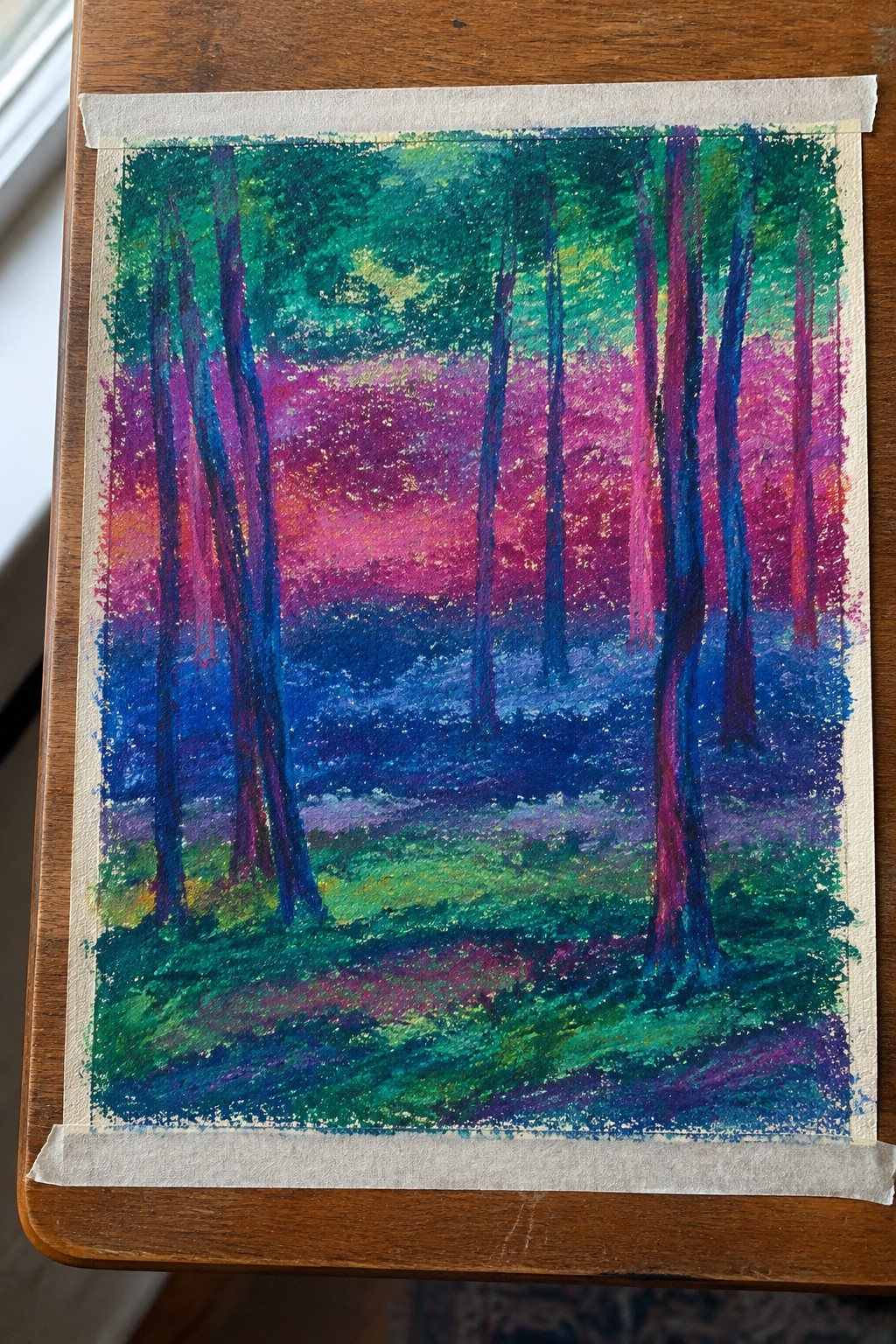 A textured painting of tall tree trunks in blue, purple, green, and pink against a blended pink, purple, and orange forest background.