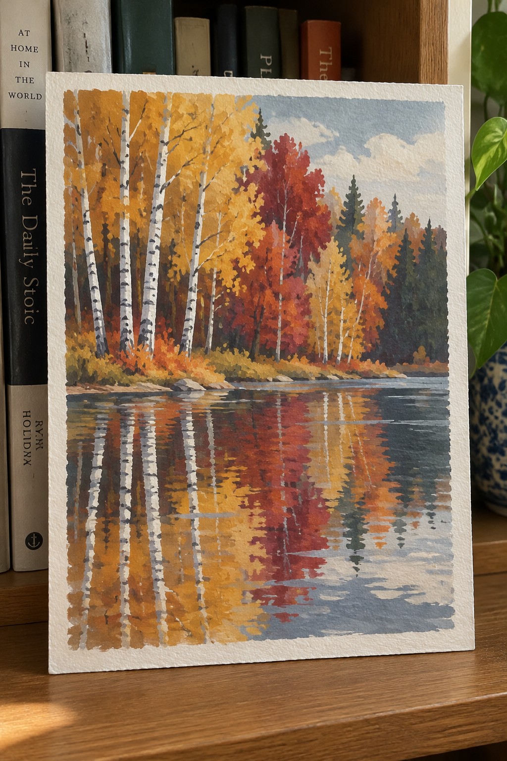 Watercolor painting of white birch trees with yellow orange and red autumn leaves along a shoreline, reflected in calm water with a forest behind.