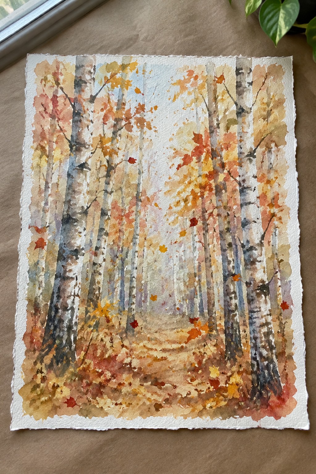 Watercolor of autumn birch trees along a leaf-strewn forest path