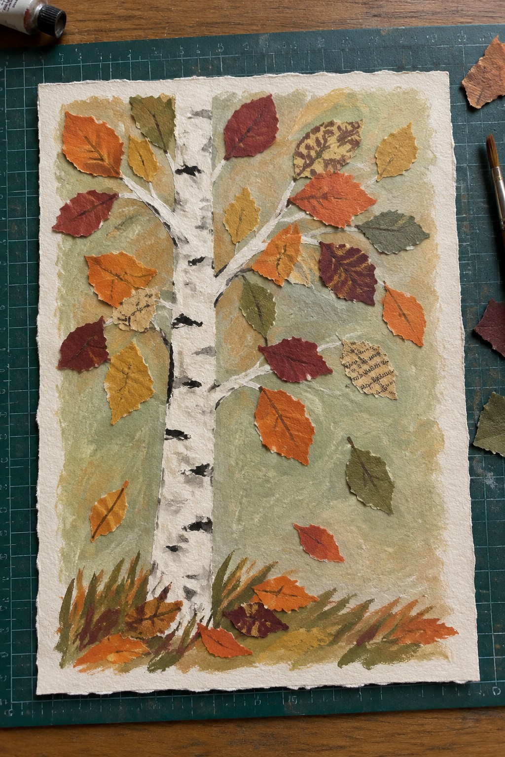 Birch tree collage with colorful autumn leaves on green cutting mat