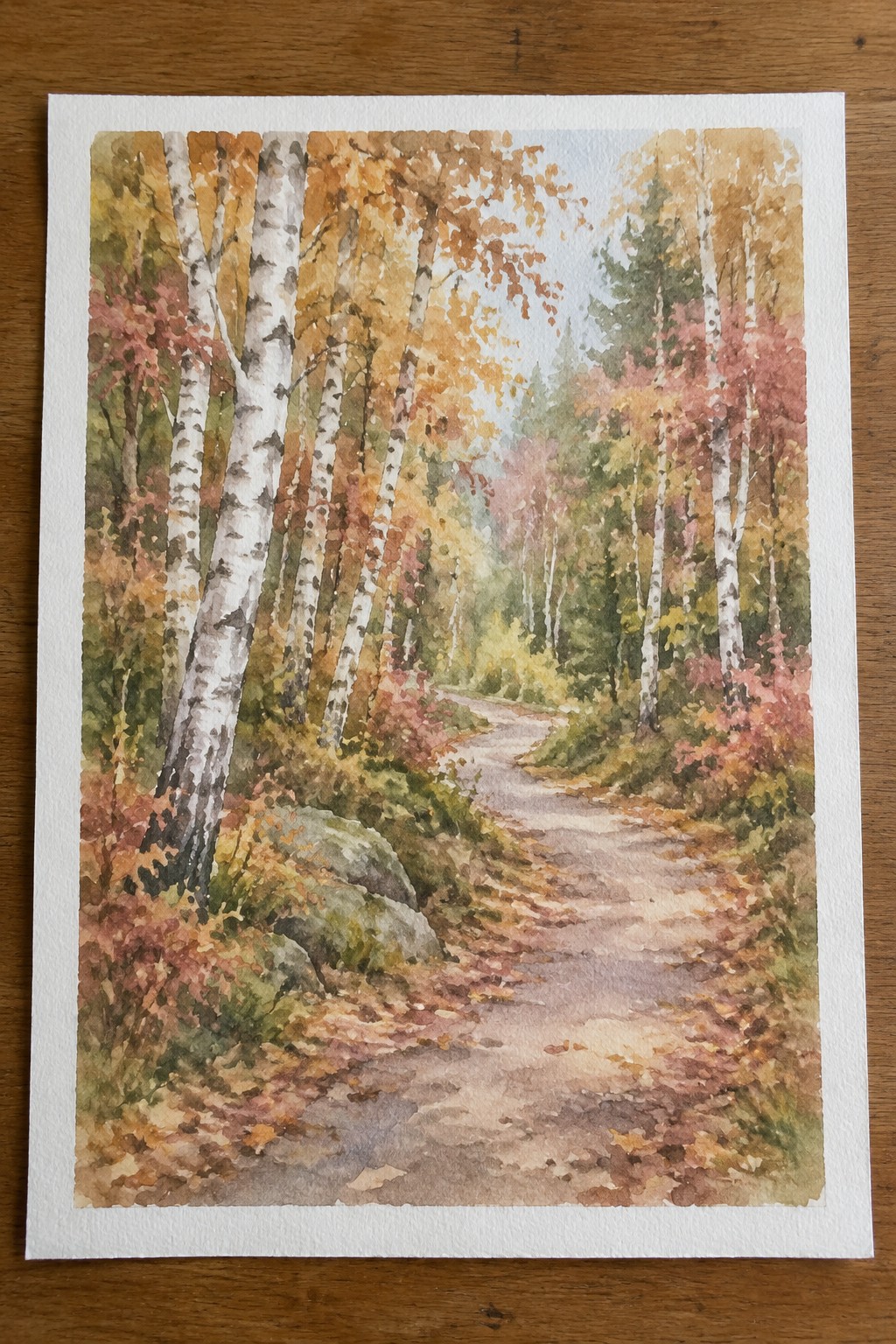 Watercolor of winding autumn path through birch trees with colorful fallen leaves.