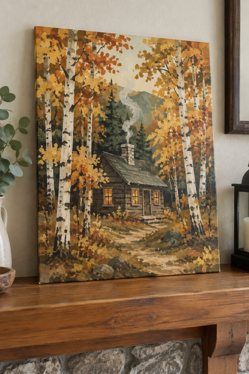 Oil painting of log cabin amid autumn birch trees with smoking chimney and glowing windows.