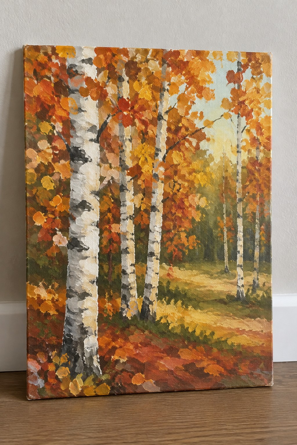 Autumn oil painting of white birch trees with vibrant orange and yellow foliage along a path