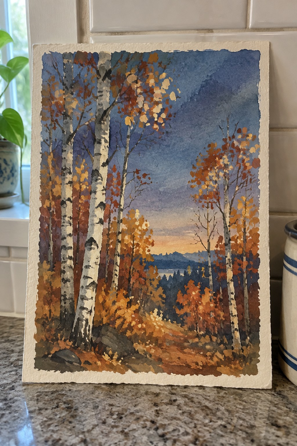A watercolor painting of white birch trees with orange and yellow autumn leaves along a forest path, with distant hills under a blue and orange sky.