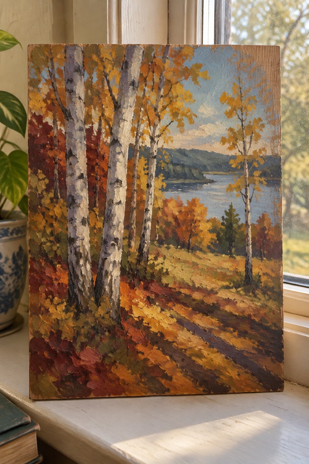 Autumn landscape painting of birch trees by a lakeside path on windowsill