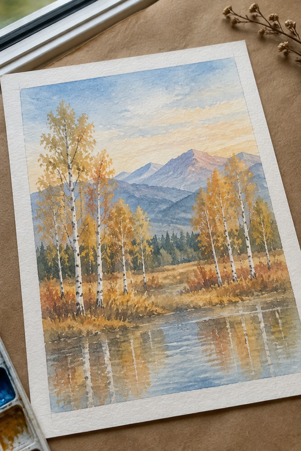 Watercolor painting of autumn birch trees reflected in a calm mountain lake at sunset.