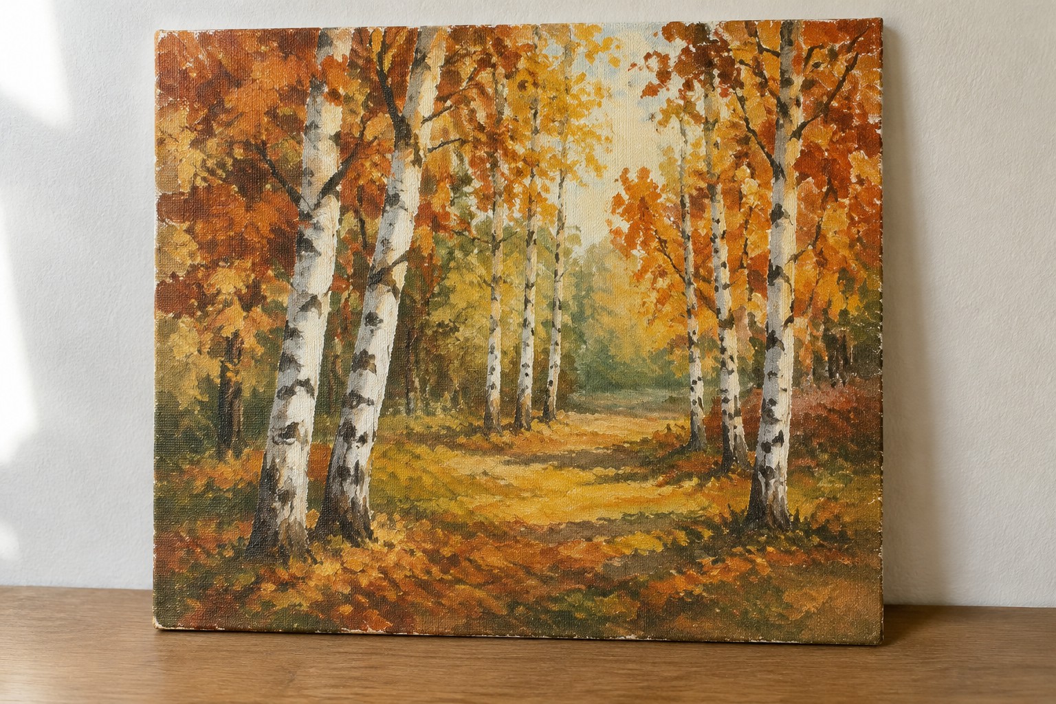 Autumn oil painting of white birch trees with vibrant orange and yellow foliage along a path