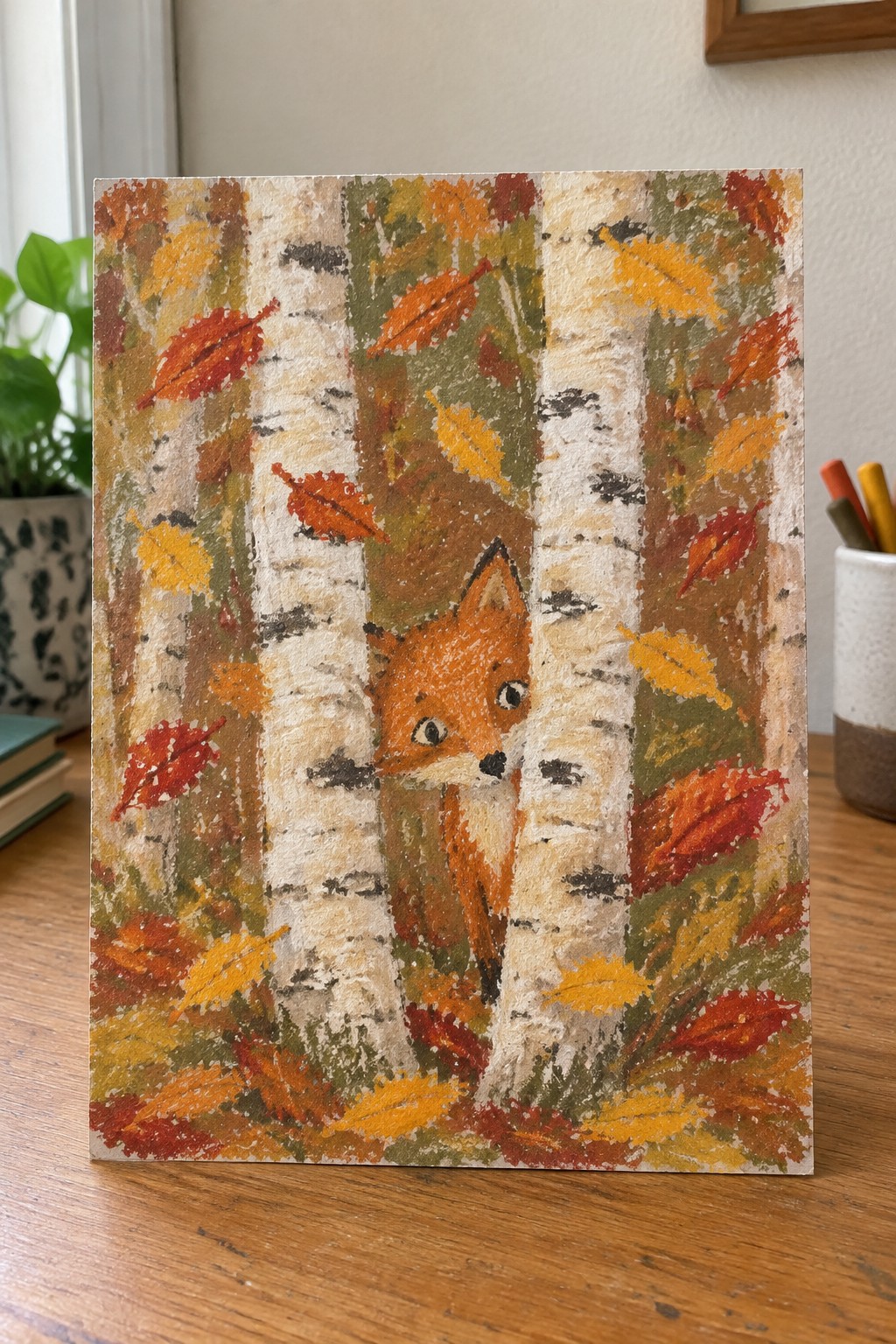 Orange fox peeking between white birch trees amid red and yellow autumn leaves