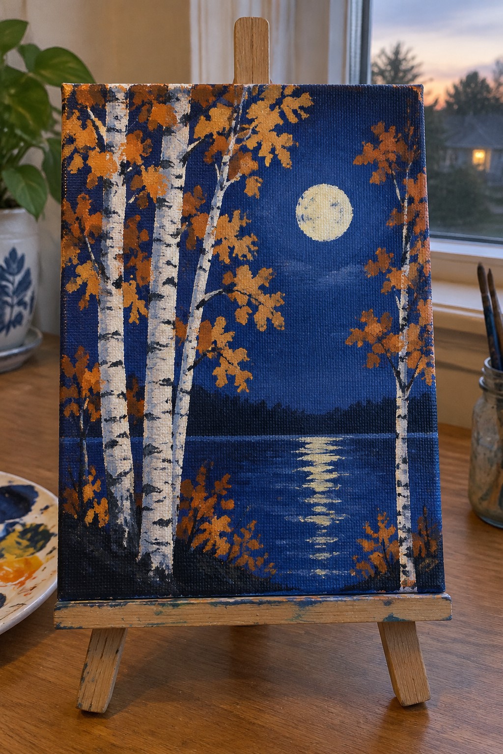 Birch trees with orange leaves under full moon reflecting on dark blue lake