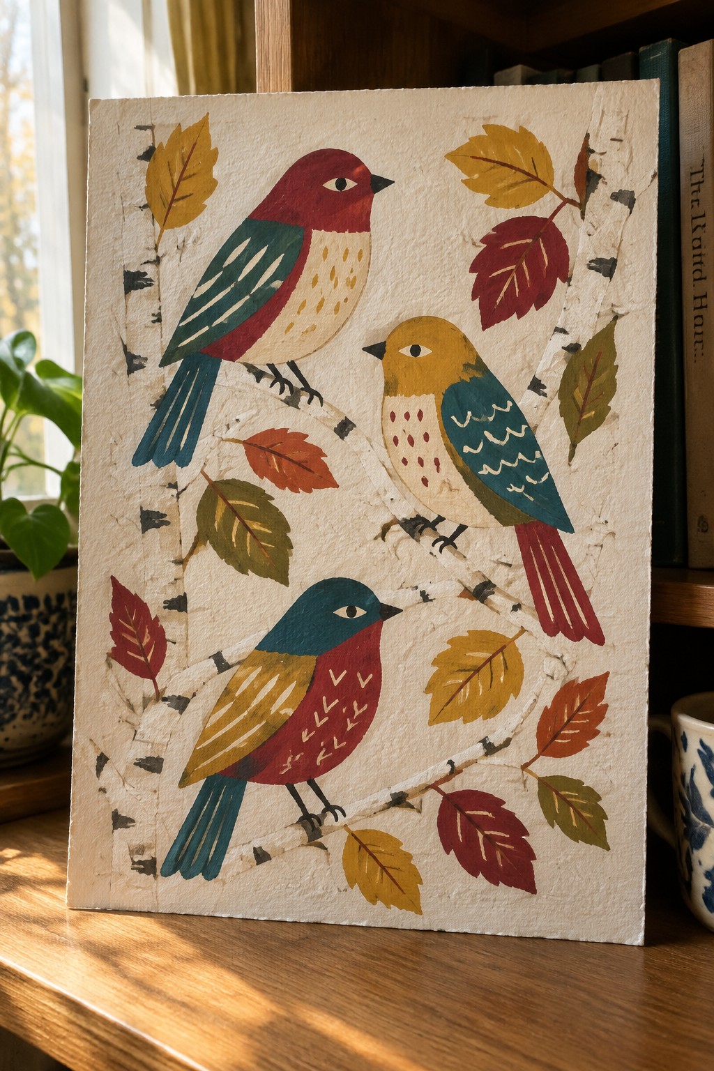 Three vibrant birds perched on birch branches amid colorful autumn leaves