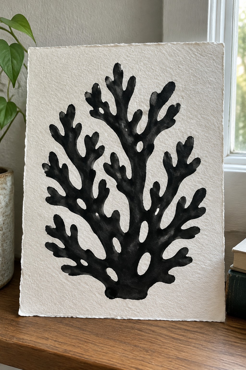 Black ink coral painting on textured white paper with deckled edges