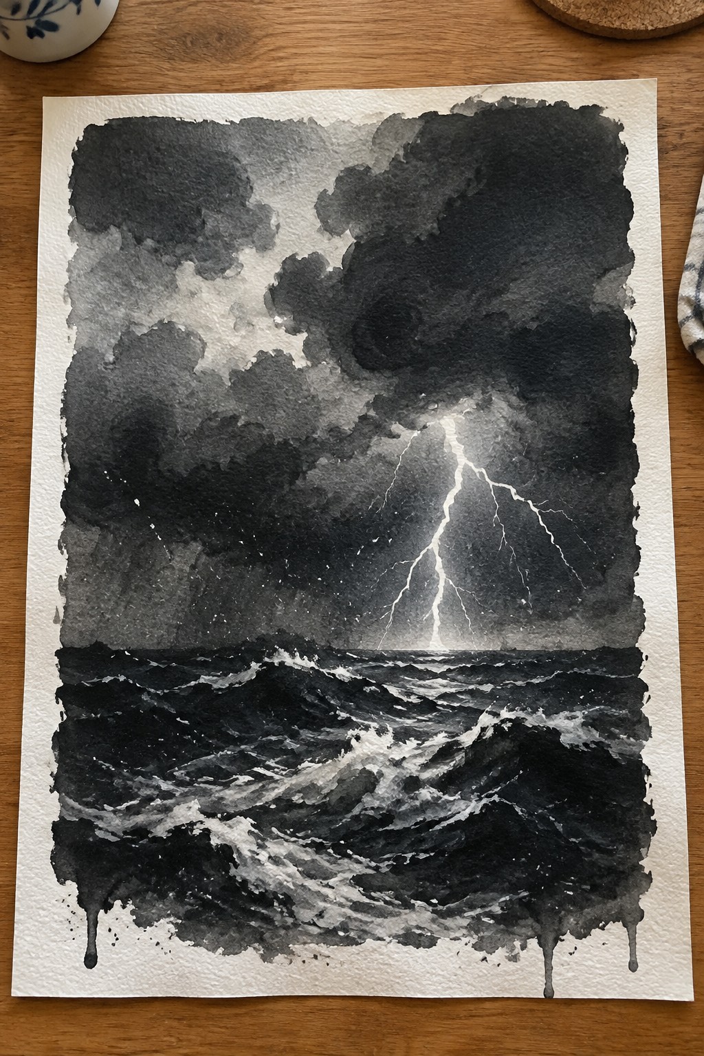 Watercolor painting of lightning striking dark stormy ocean waves under heavy clouds