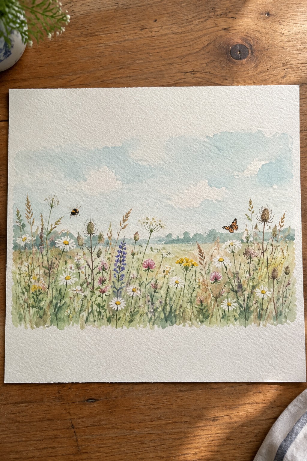 Watercolor painting of a wildflower meadow with daisies, grasses, a bee on the left, and a butterfly on the right under a light blue sky.